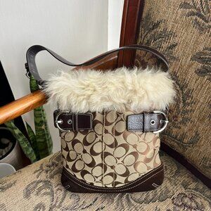 Coach Lamb Shearling Trim Signature C Canvas Shoulder Bag G052-8K47 Brown